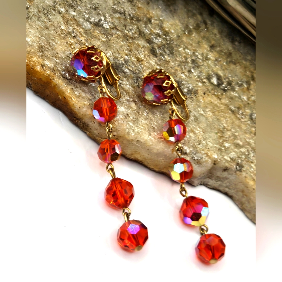 60s Signed Castlecliff Crystal Earrings Clip-On Orange Dangle Drop Metal Vtg 22$